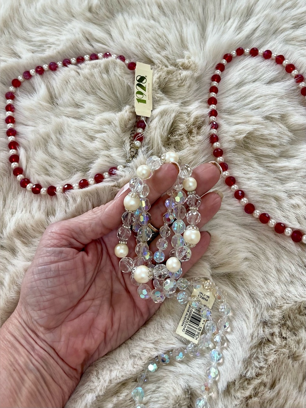 1928 Red & Pearl Beaded Necklace Sets/Crystal & pearl Necklace and Bracelet set